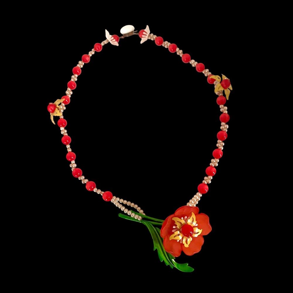 Vintage 1960s Floral Necklace Red Beads Faux Pearl Flower Pendant - 5E